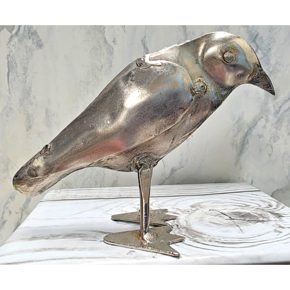 Bird, Small Metal Handcrafted Statue, Silver Plated (?) 3.5"x4.5", Free Standing